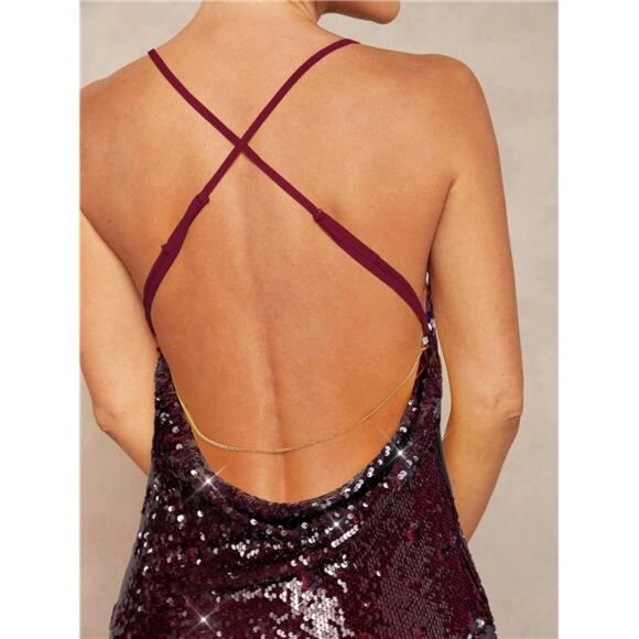 NEW - Elegant Sequin Embellished Deep Draped Neck Backless Metal Chain Decorated - Picture 5 of 6